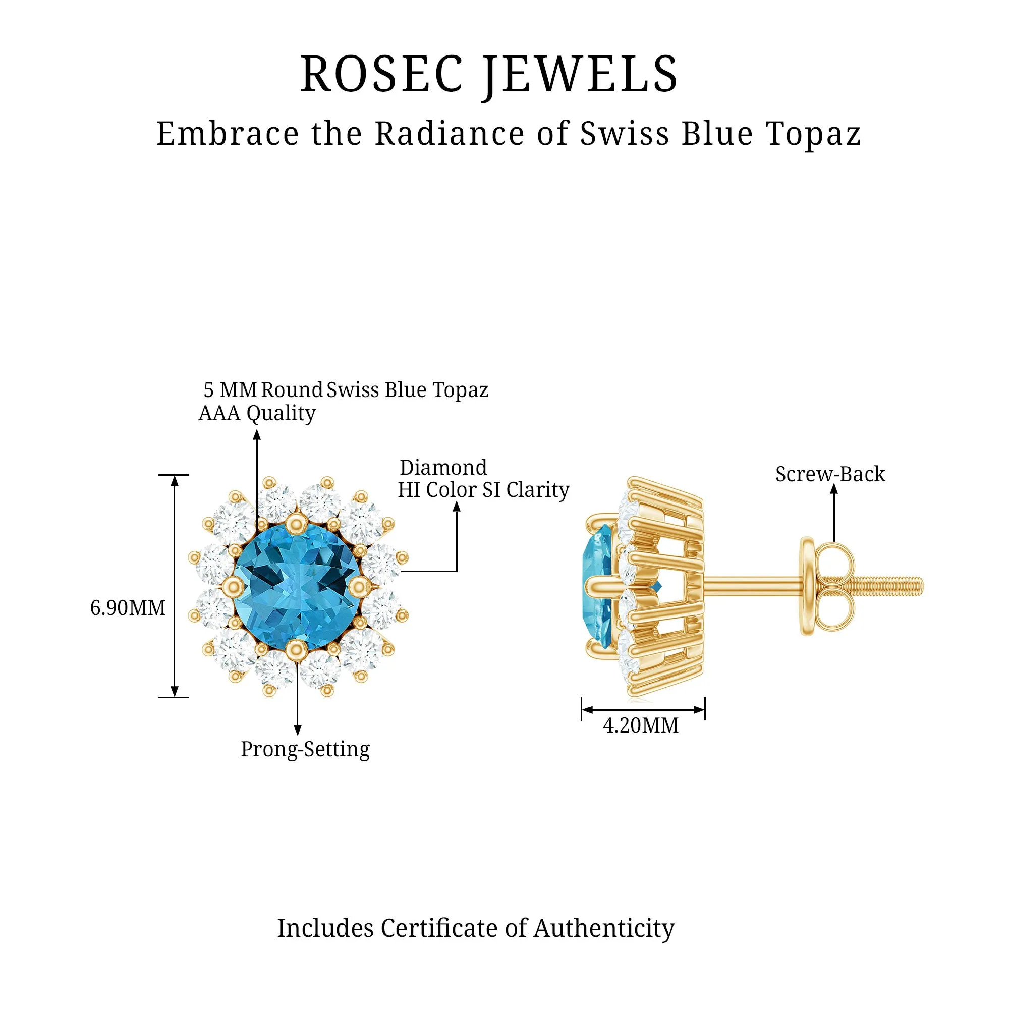 3/4 CT Swiss Blue Topaz and Diamond Halo Stud Earrings