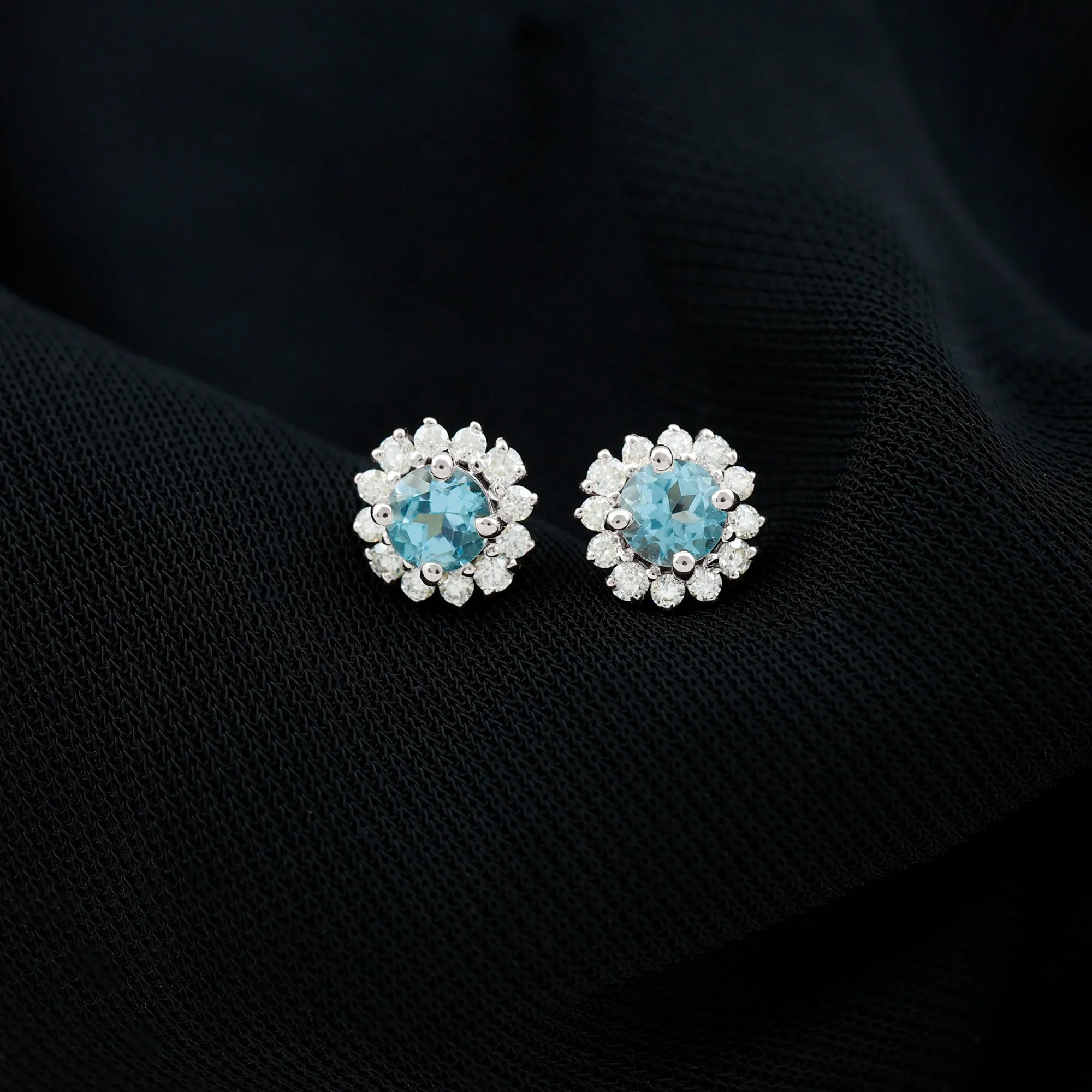 3/4 CT Swiss Blue Topaz and Diamond Halo Stud Earrings