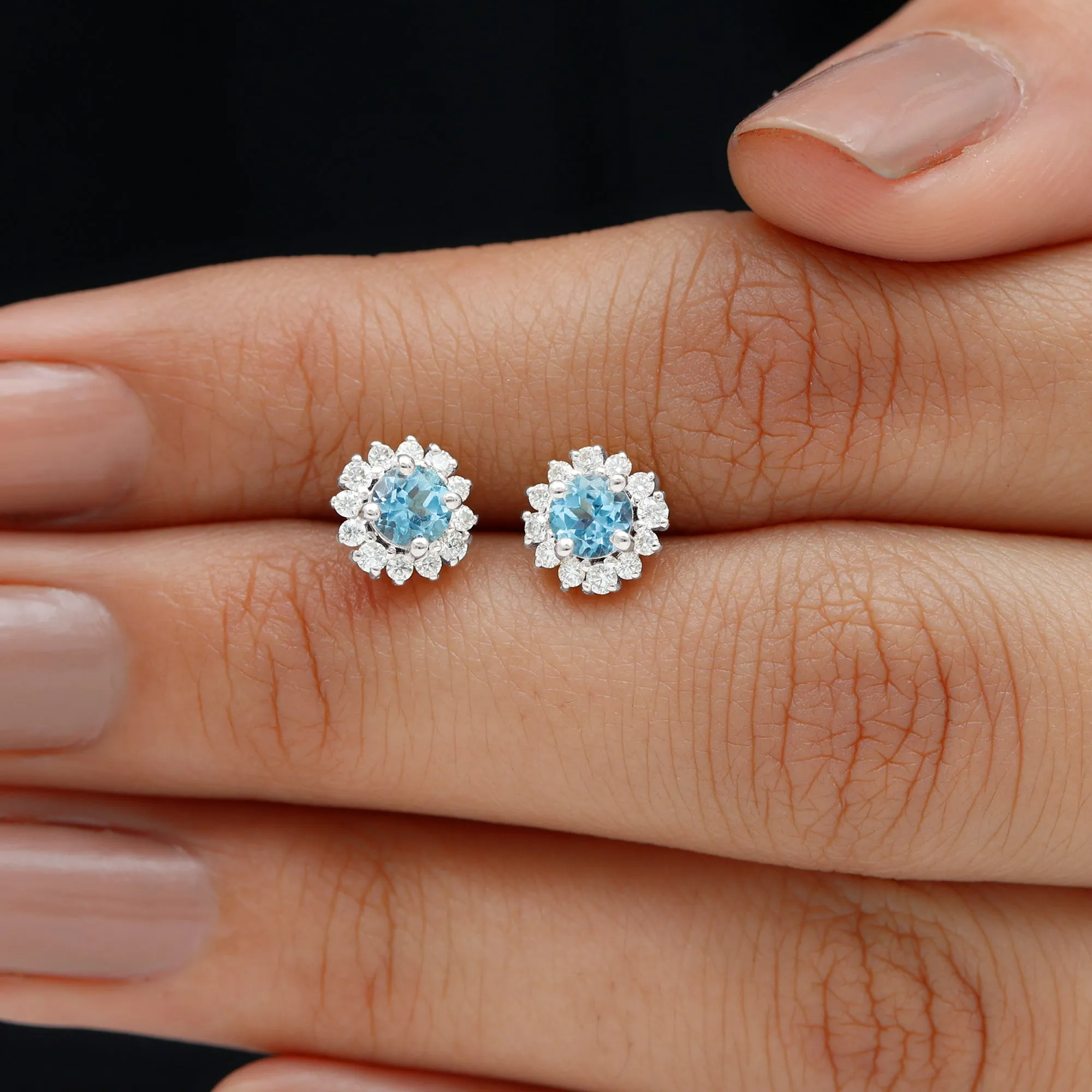 3/4 CT Swiss Blue Topaz and Diamond Halo Stud Earrings