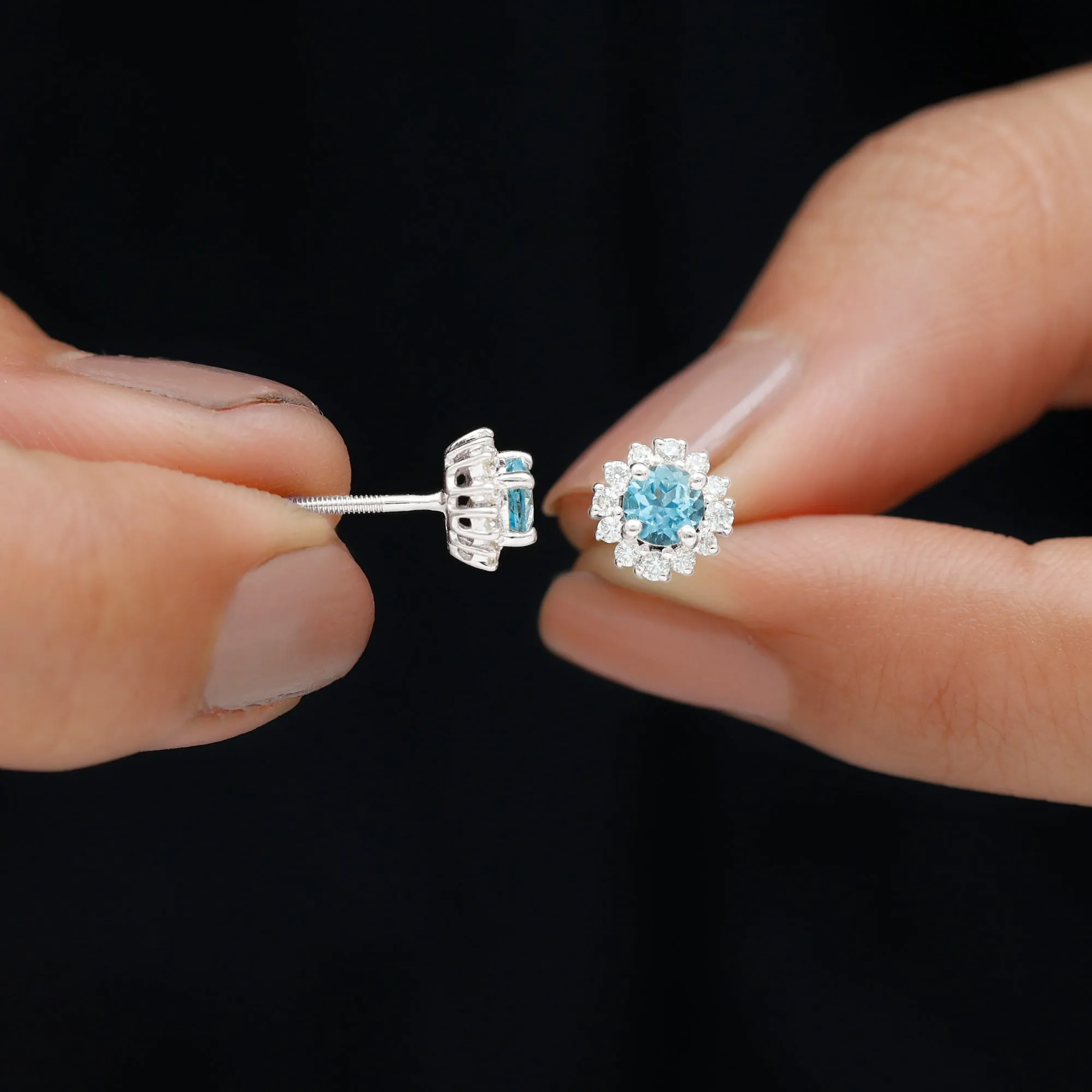 3/4 CT Swiss Blue Topaz and Diamond Halo Stud Earrings