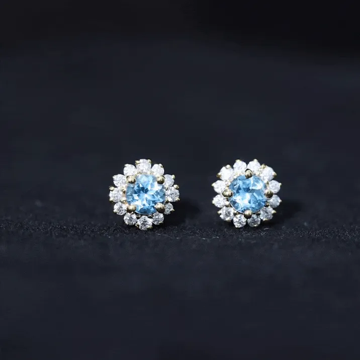 3/4 CT Swiss Blue Topaz and Diamond Halo Stud Earrings