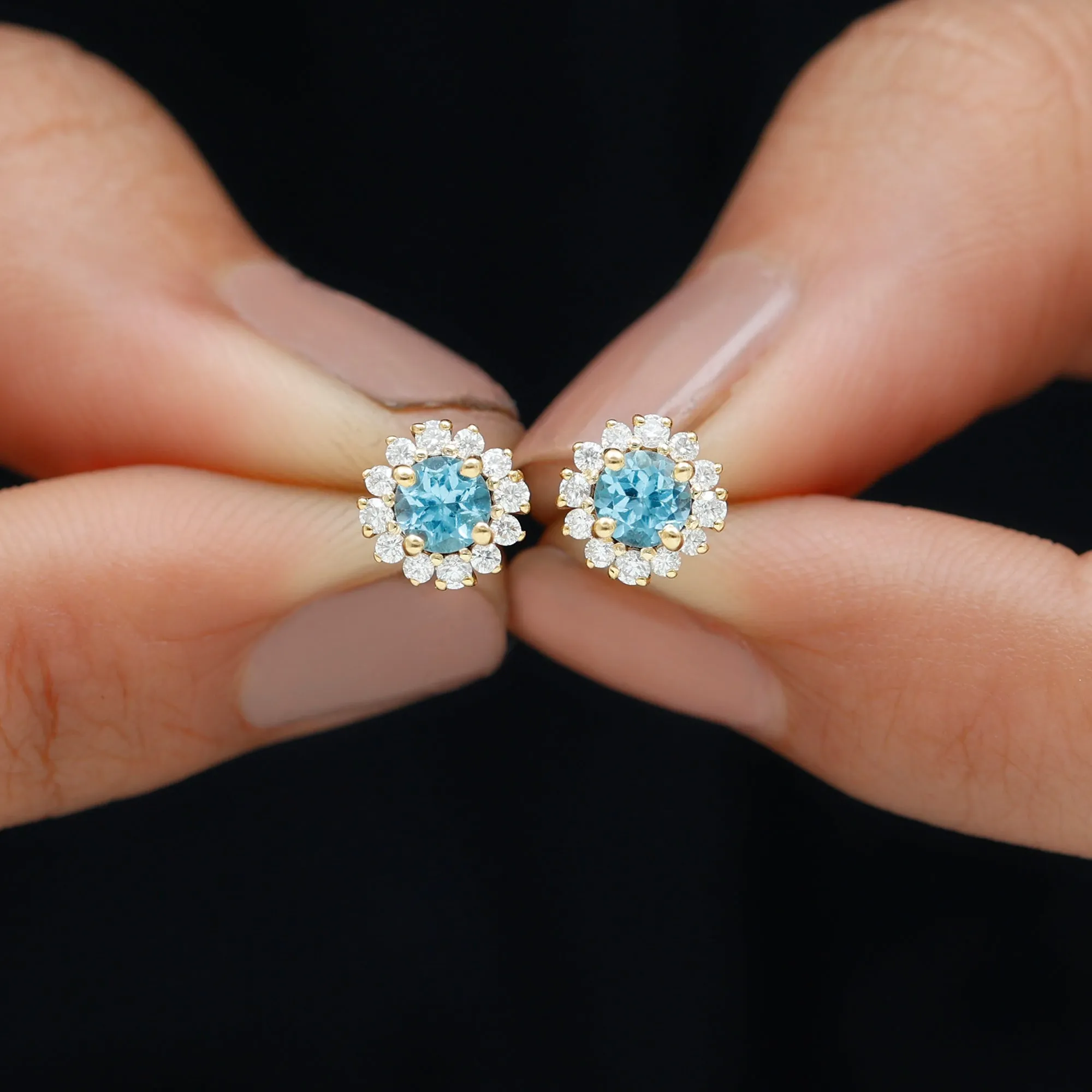 3/4 CT Swiss Blue Topaz and Diamond Halo Stud Earrings