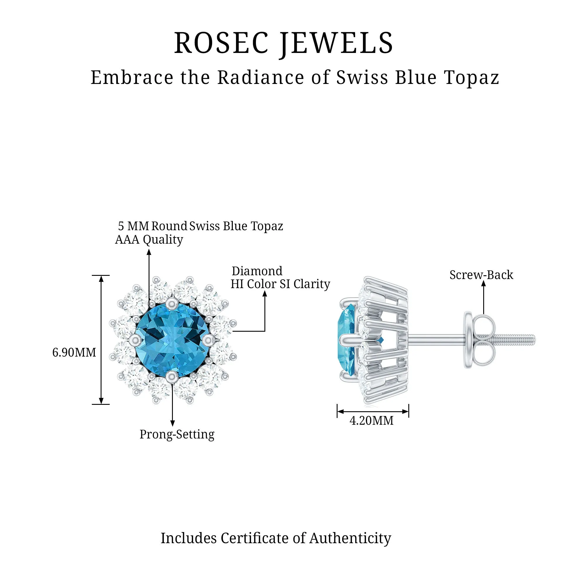 3/4 CT Swiss Blue Topaz and Diamond Halo Stud Earrings