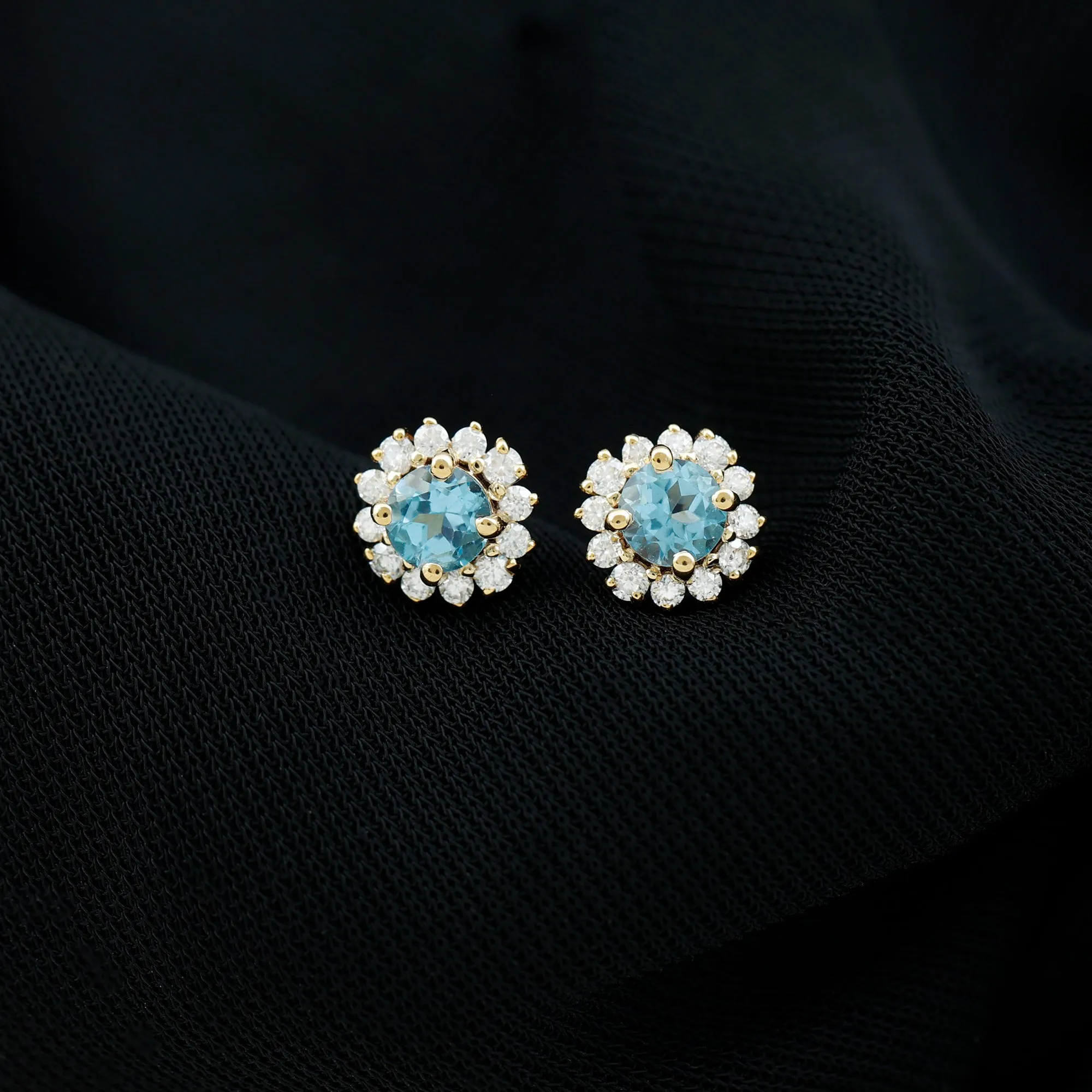 3/4 CT Swiss Blue Topaz and Diamond Halo Stud Earrings