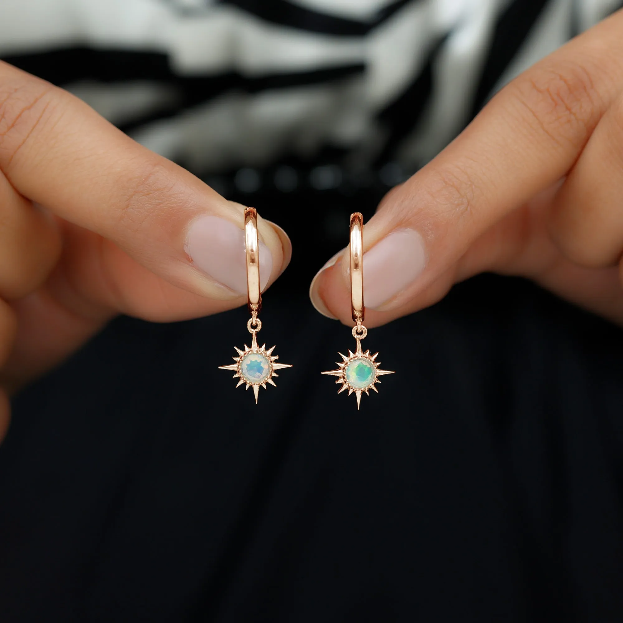 4 MM Round Shape Ethiopian Opal and Gold Sunburst Hoop Drop Earrings For Women