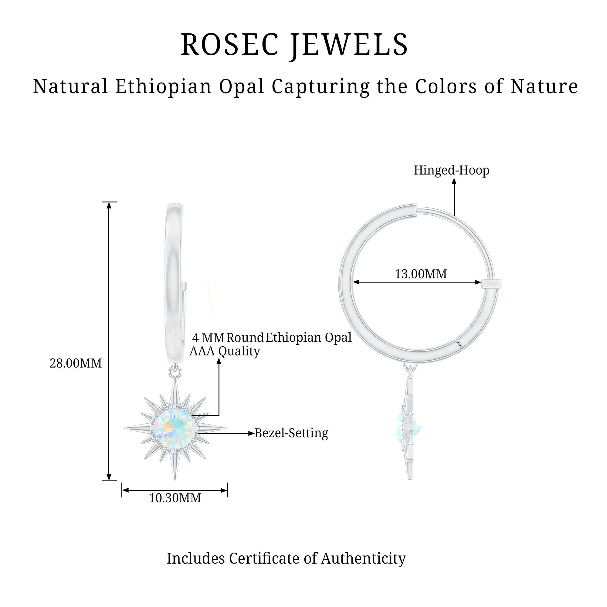 4 MM Round Shape Ethiopian Opal and Gold Sunburst Hoop Drop Earrings For Women
