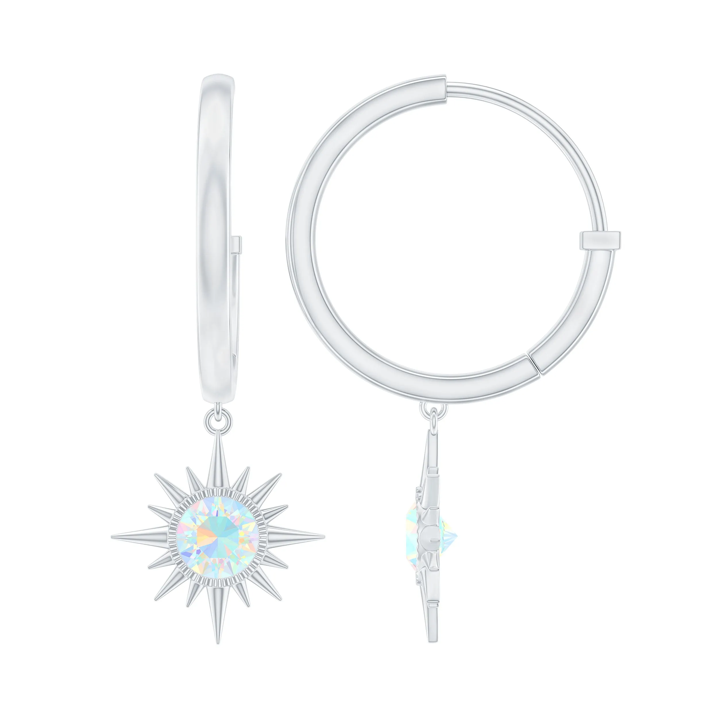 4 MM Round Shape Ethiopian Opal and Gold Sunburst Hoop Drop Earrings For Women