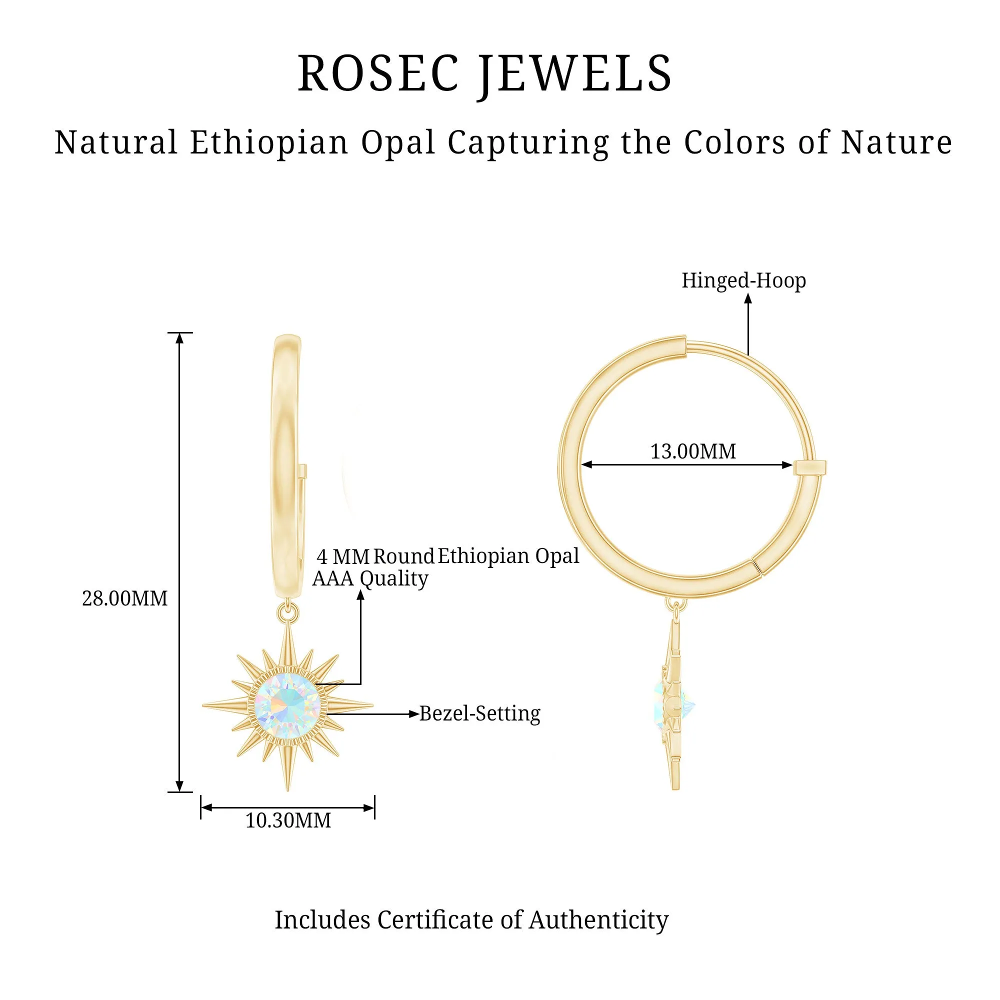 4 MM Round Shape Ethiopian Opal and Gold Sunburst Hoop Drop Earrings For Women