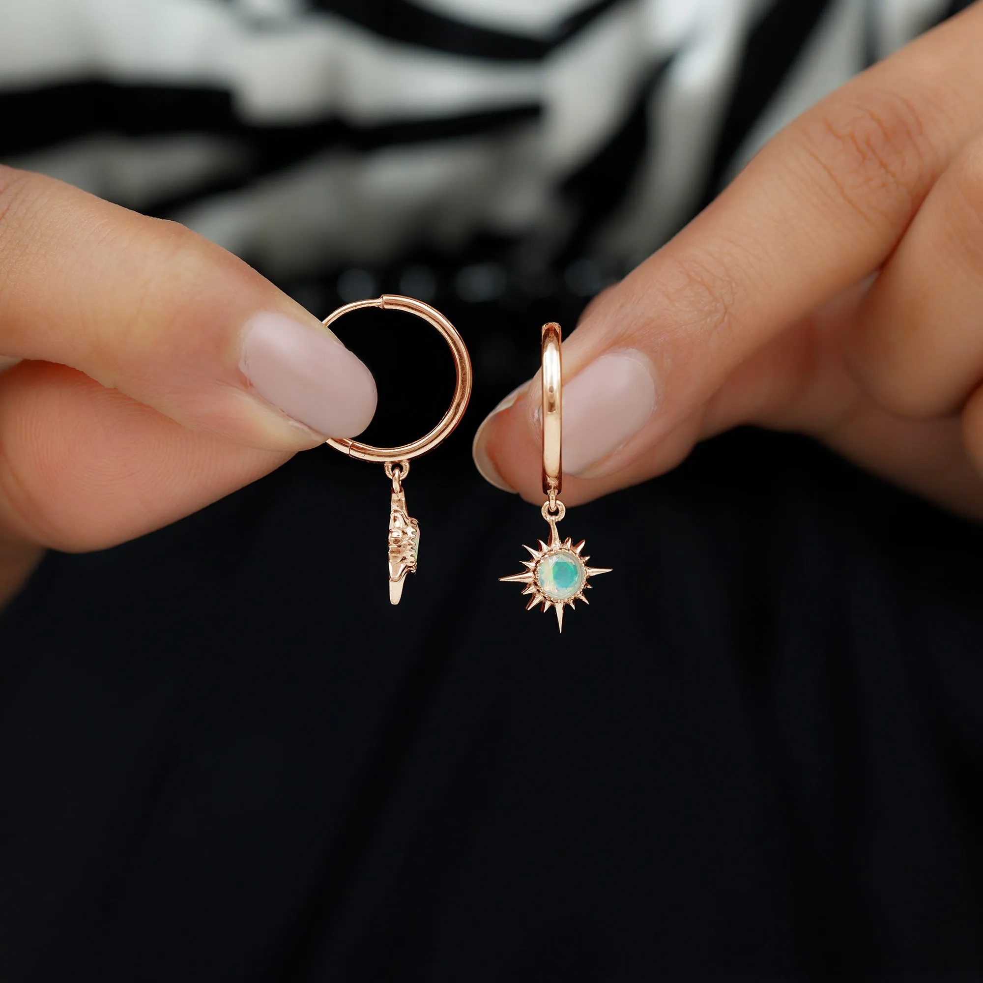 4 MM Round Shape Ethiopian Opal and Gold Sunburst Hoop Drop Earrings For Women