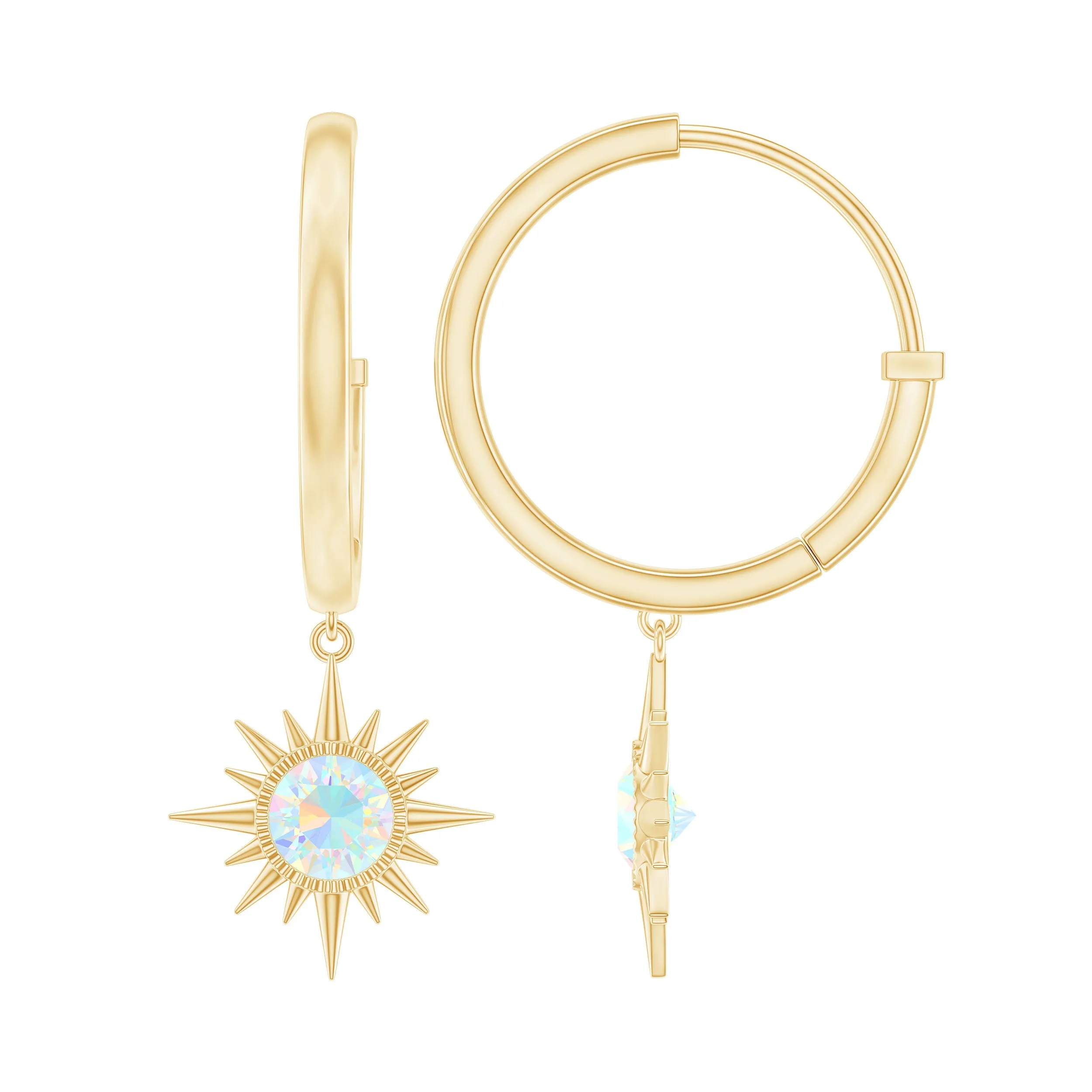 4 MM Round Shape Ethiopian Opal and Gold Sunburst Hoop Drop Earrings For Women