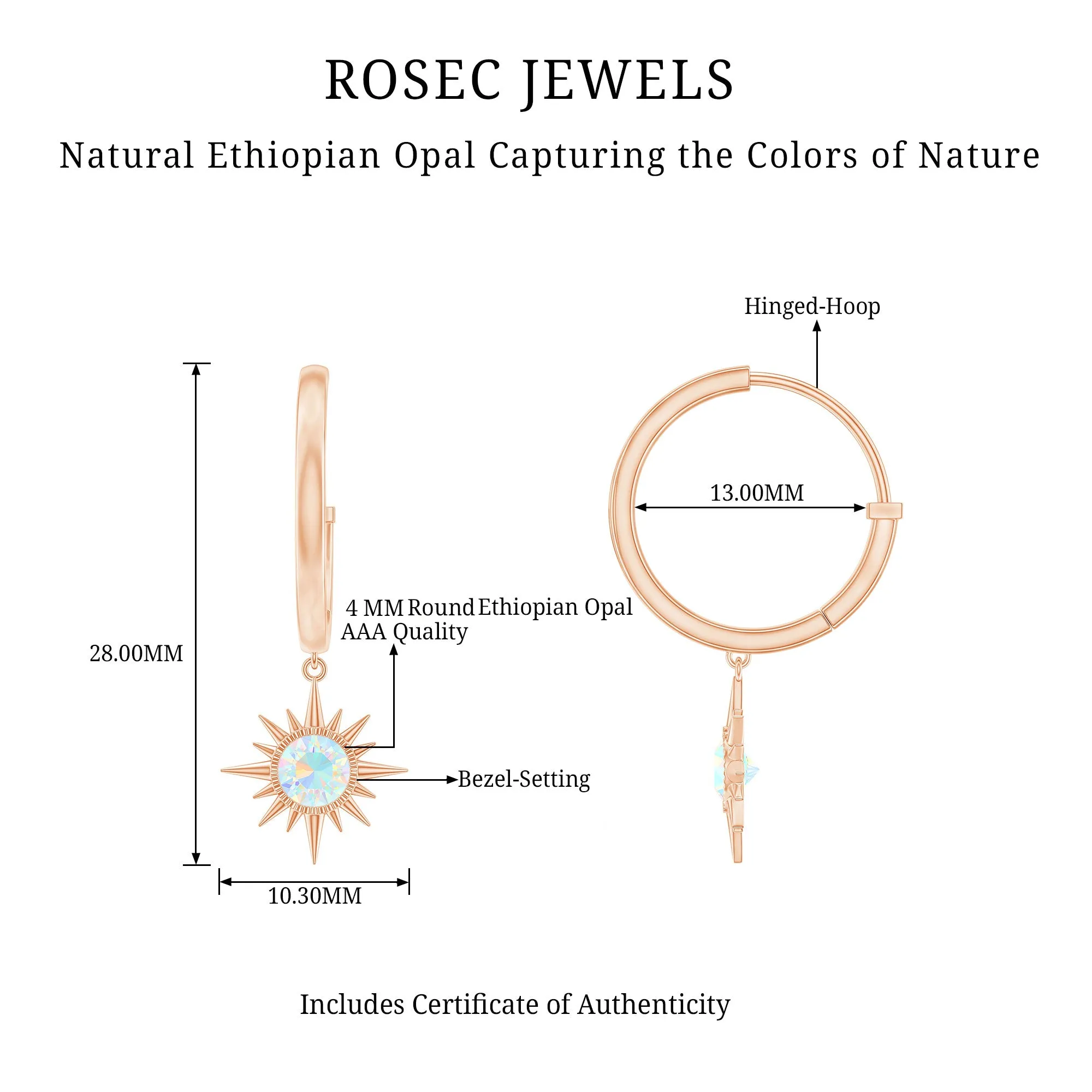 4 MM Round Shape Ethiopian Opal and Gold Sunburst Hoop Drop Earrings For Women