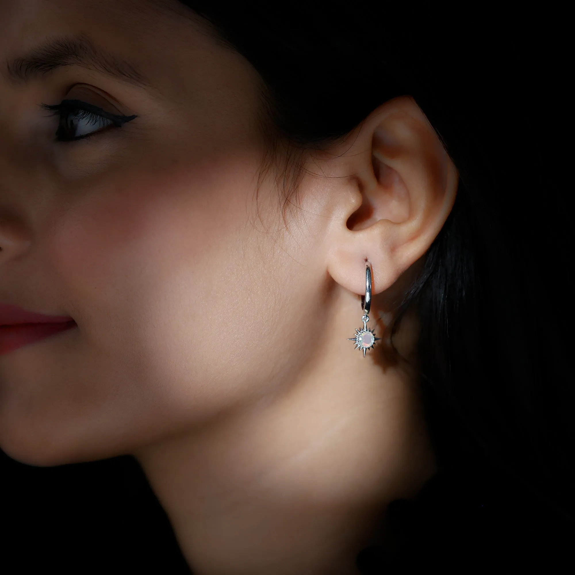 4 MM Round Shape Ethiopian Opal and Gold Sunburst Hoop Drop Earrings For Women
