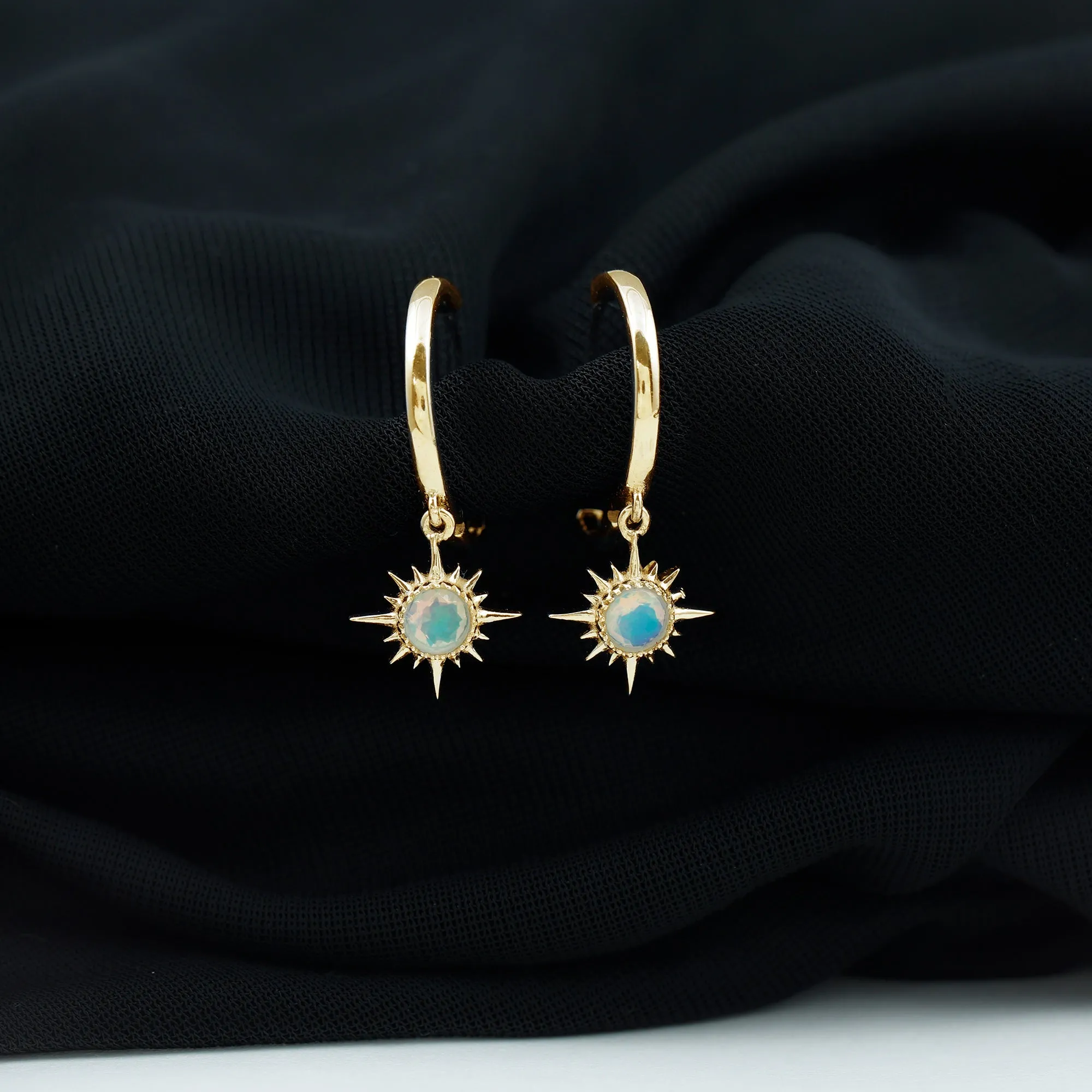 4 MM Round Shape Ethiopian Opal and Gold Sunburst Hoop Drop Earrings For Women