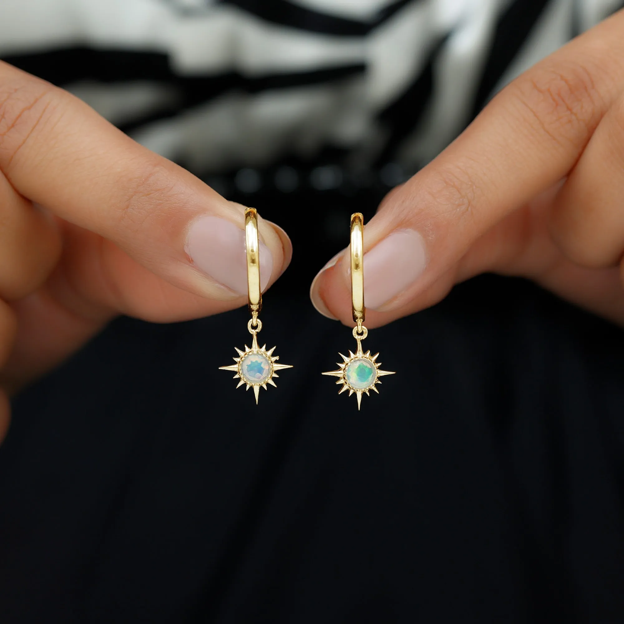 4 MM Round Shape Ethiopian Opal and Gold Sunburst Hoop Drop Earrings For Women