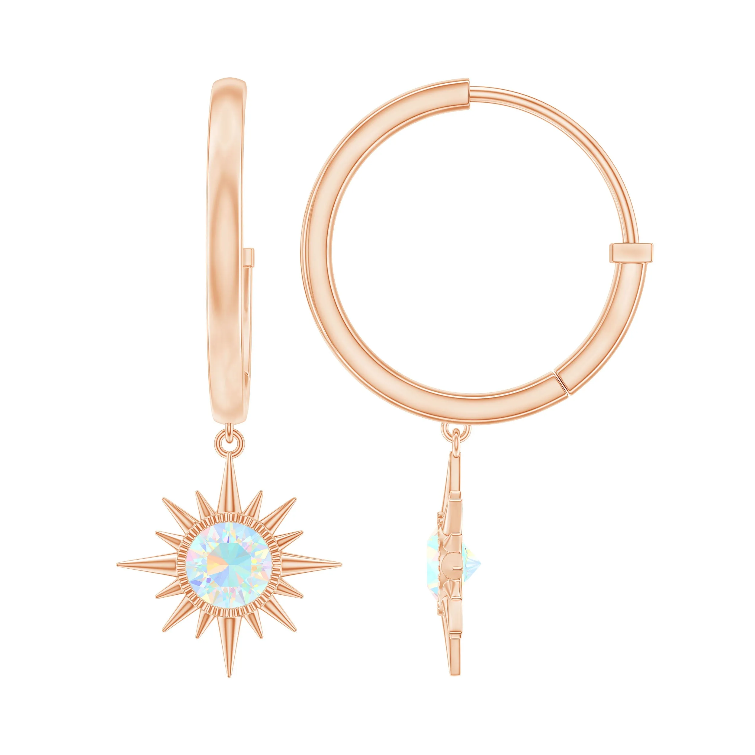 4 MM Round Shape Ethiopian Opal and Gold Sunburst Hoop Drop Earrings For Women
