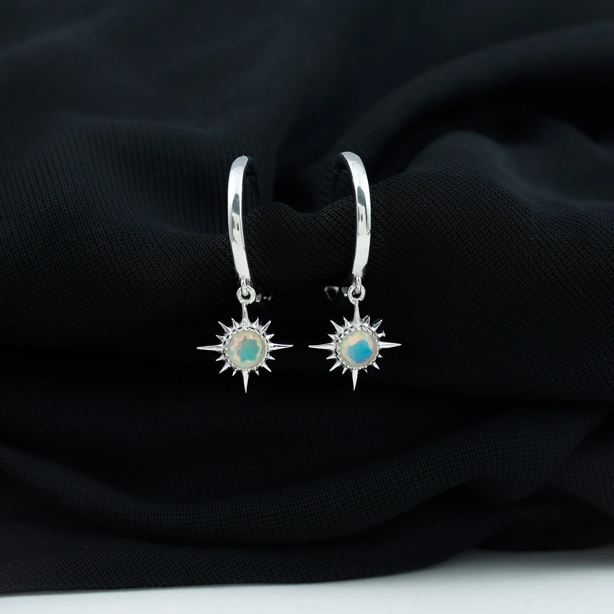4 MM Round Shape Ethiopian Opal and Gold Sunburst Hoop Drop Earrings For Women