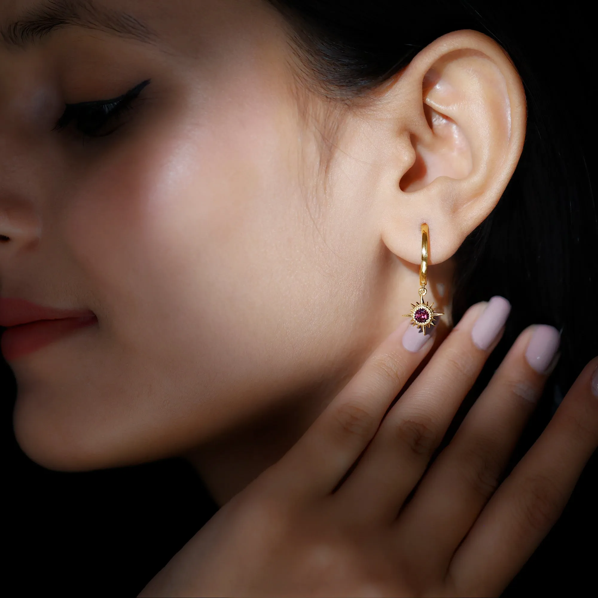4 MM Round Shape Pink Tourmaline and Gold Sunburst Hoop Drop Earrings For Women
