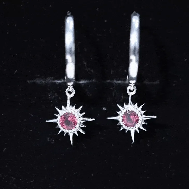 4 MM Round Shape Pink Tourmaline and Gold Sunburst Hoop Drop Earrings For Women