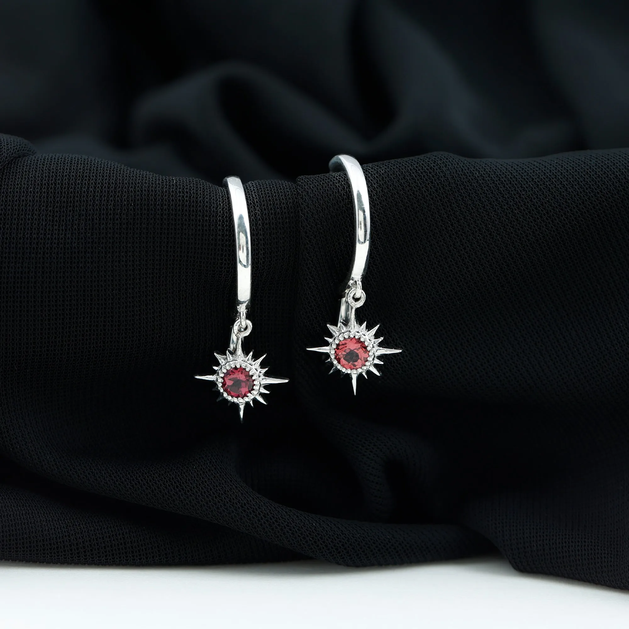 4 MM Round Shape Pink Tourmaline and Gold Sunburst Hoop Drop Earrings For Women