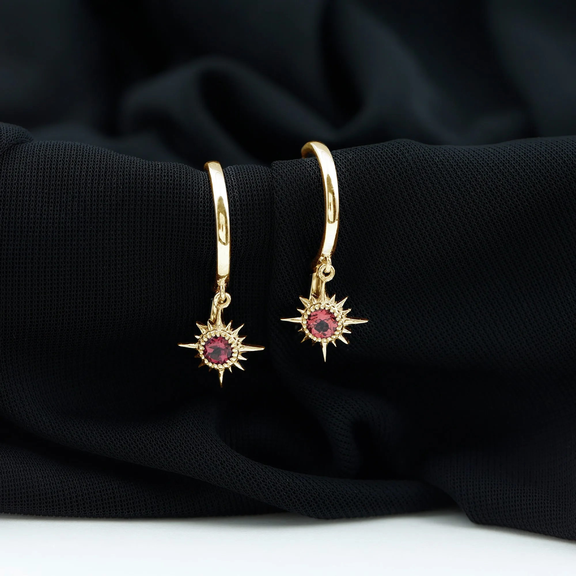 4 MM Round Shape Pink Tourmaline and Gold Sunburst Hoop Drop Earrings For Women