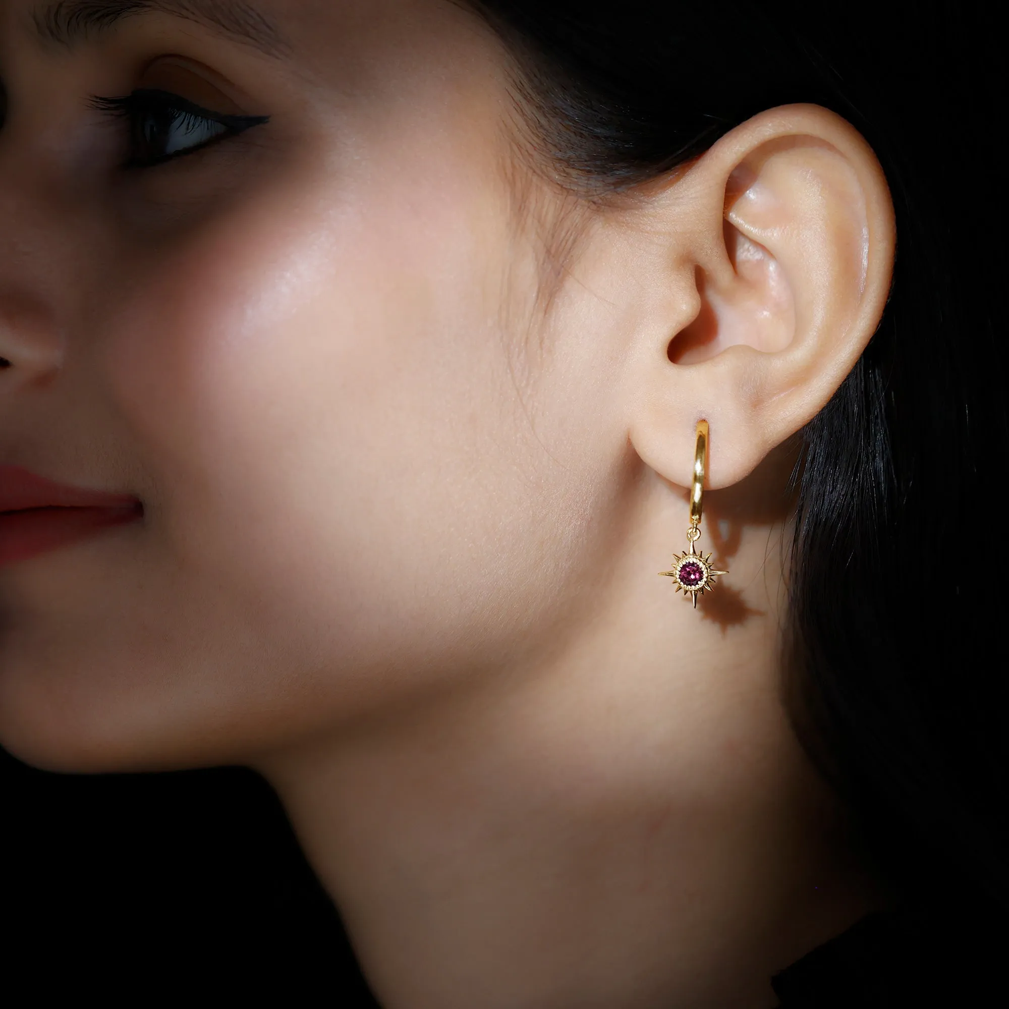 4 MM Round Shape Pink Tourmaline and Gold Sunburst Hoop Drop Earrings For Women