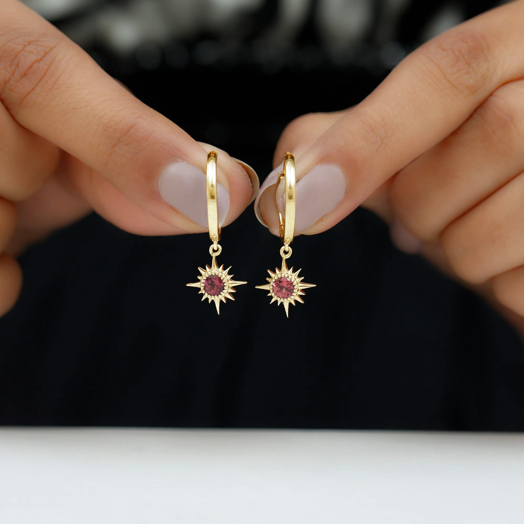 4 MM Round Shape Pink Tourmaline and Gold Sunburst Hoop Drop Earrings For Women