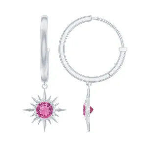 4 MM Round Shape Pink Tourmaline and Gold Sunburst Hoop Drop Earrings For Women