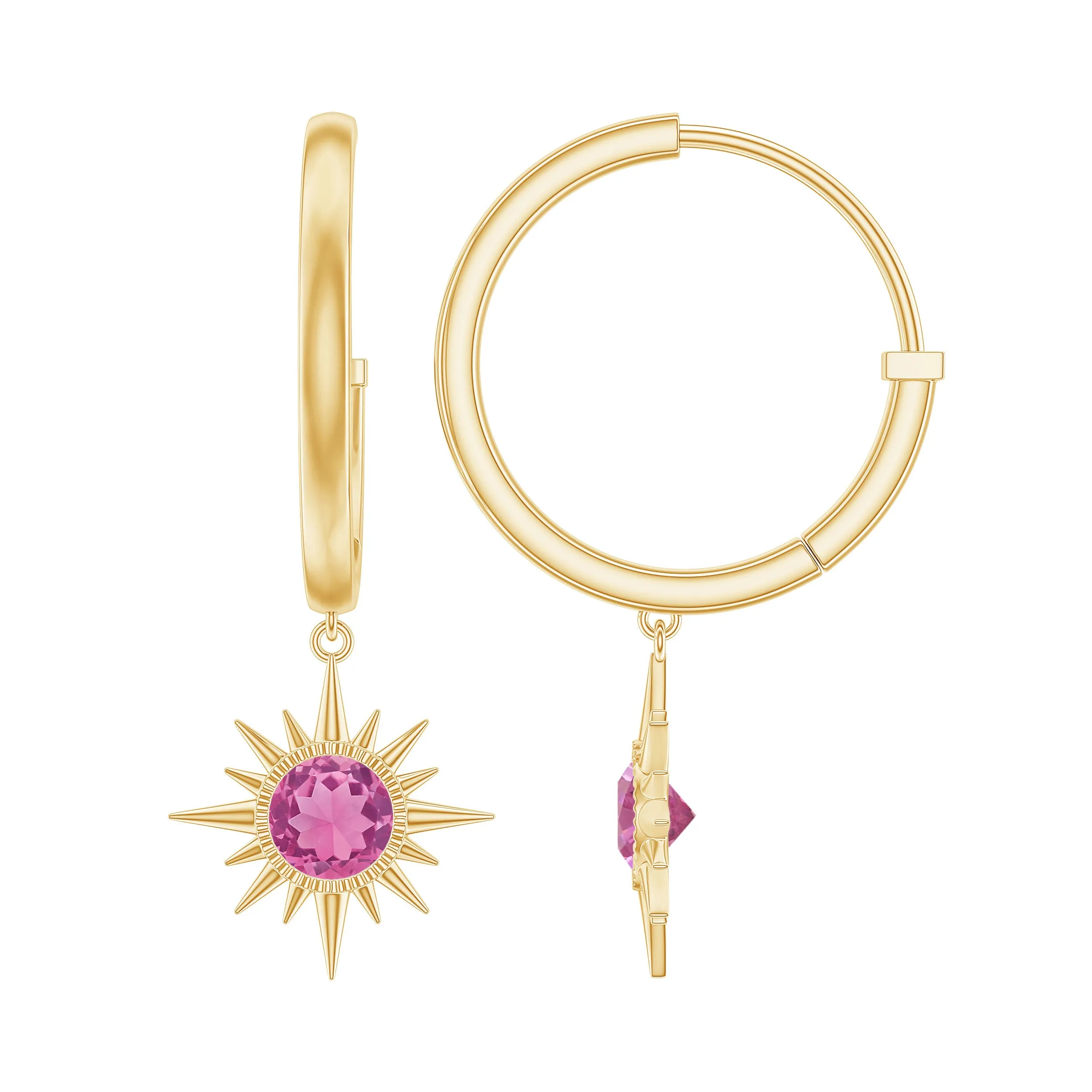 4 MM Round Shape Pink Tourmaline and Gold Sunburst Hoop Drop Earrings For Women