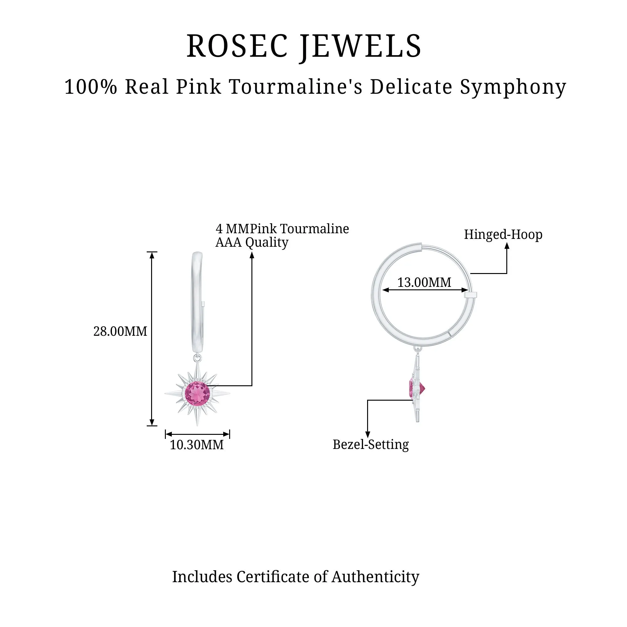 4 MM Round Shape Pink Tourmaline and Gold Sunburst Hoop Drop Earrings For Women
