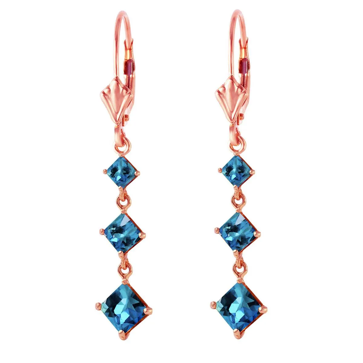 4.79 Carat 14K Solid Rose Gold Square Blue Topaz Drop Earrings