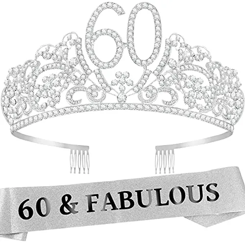 60th Birthday Gifts for Women, 60th Birthday Crown and Sash for Women, 60th Birthday