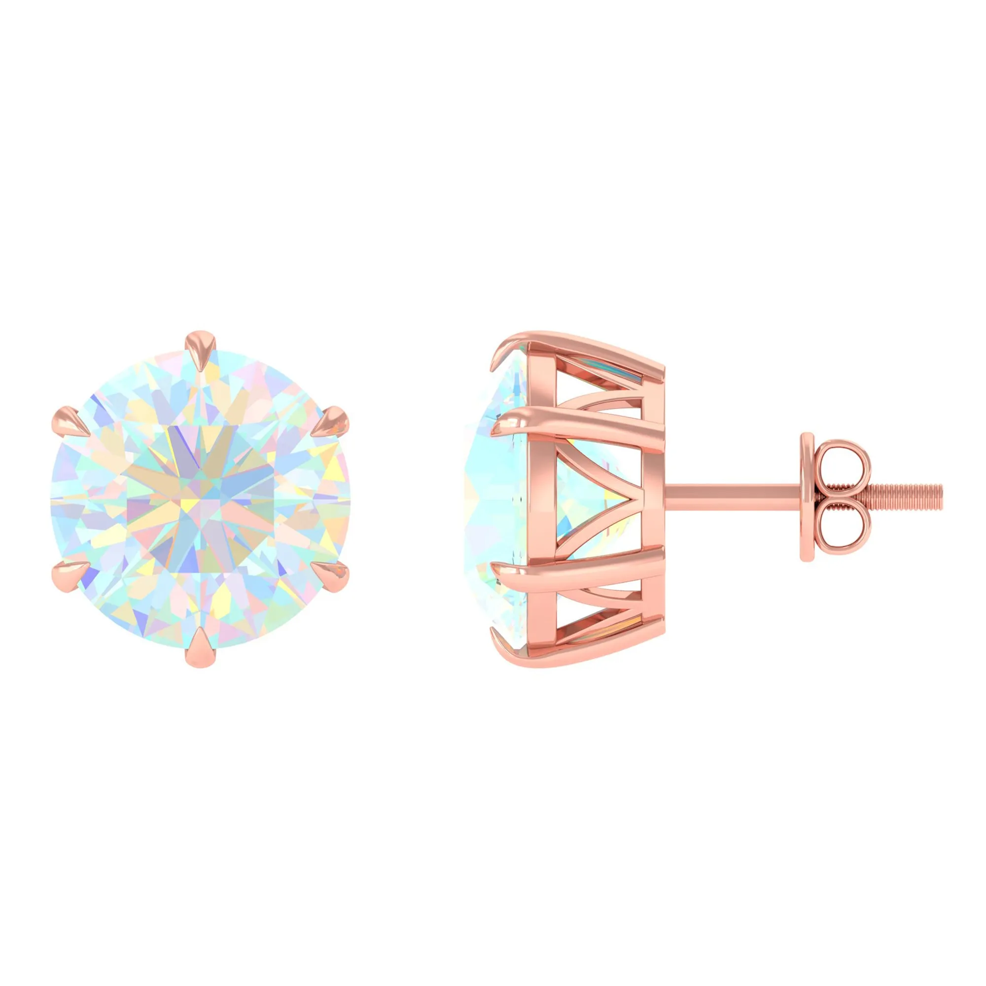 8 MM Genuine Round Ethiopian Opal Solitaire Stud Earrings in 6 Claw Setting