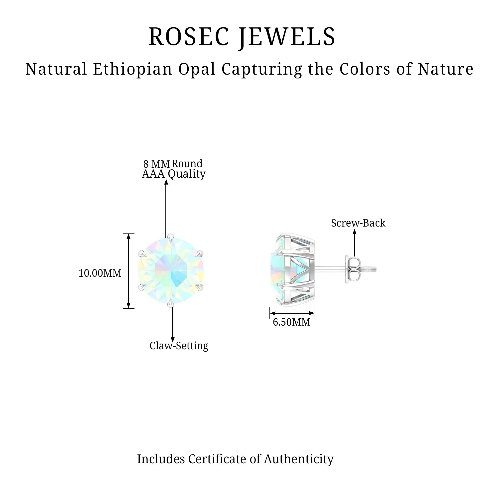 8 MM Genuine Round Ethiopian Opal Solitaire Stud Earrings in 6 Claw Setting