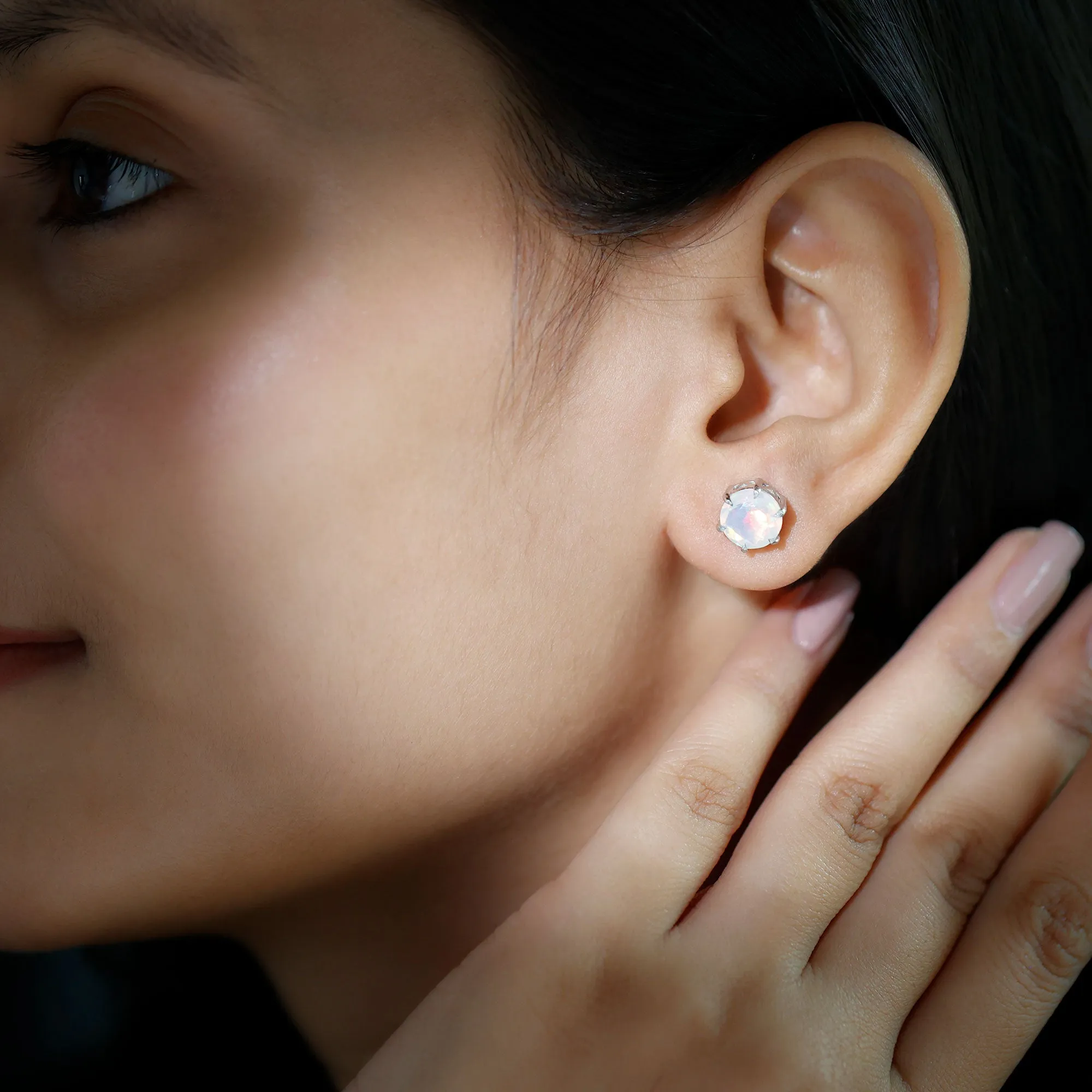 8 MM Genuine Round Ethiopian Opal Solitaire Stud Earrings in 6 Claw Setting