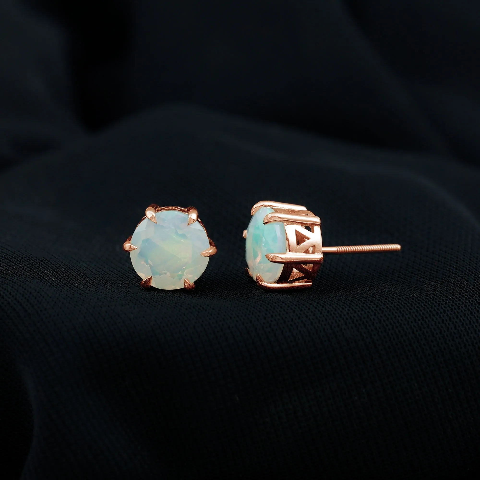 8 MM Genuine Round Ethiopian Opal Solitaire Stud Earrings in 6 Claw Setting