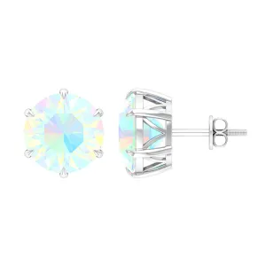 8 MM Genuine Round Ethiopian Opal Solitaire Stud Earrings in 6 Claw Setting