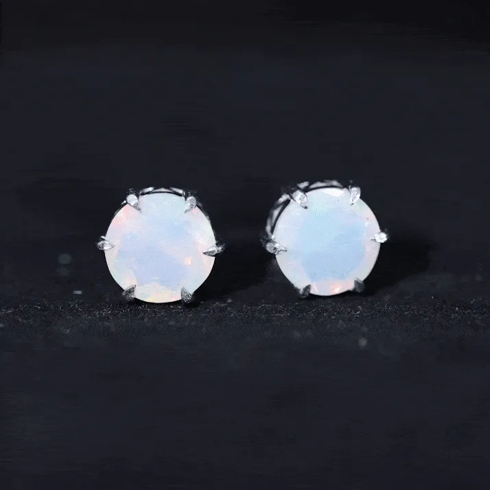 8 MM Genuine Round Ethiopian Opal Solitaire Stud Earrings in 6 Claw Setting