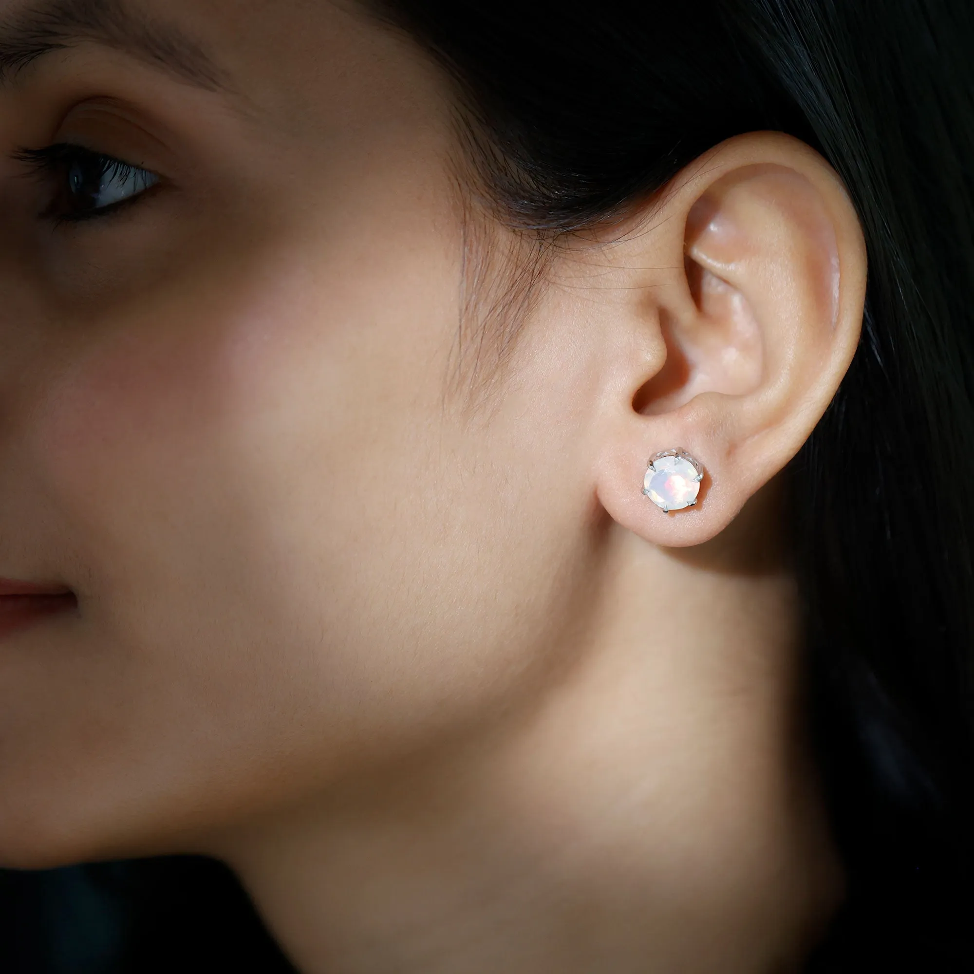 8 MM Genuine Round Ethiopian Opal Solitaire Stud Earrings in 6 Claw Setting
