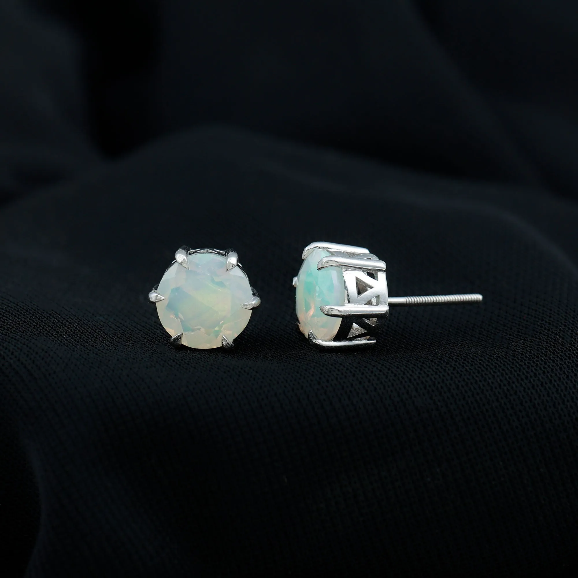 8 MM Genuine Round Ethiopian Opal Solitaire Stud Earrings in 6 Claw Setting