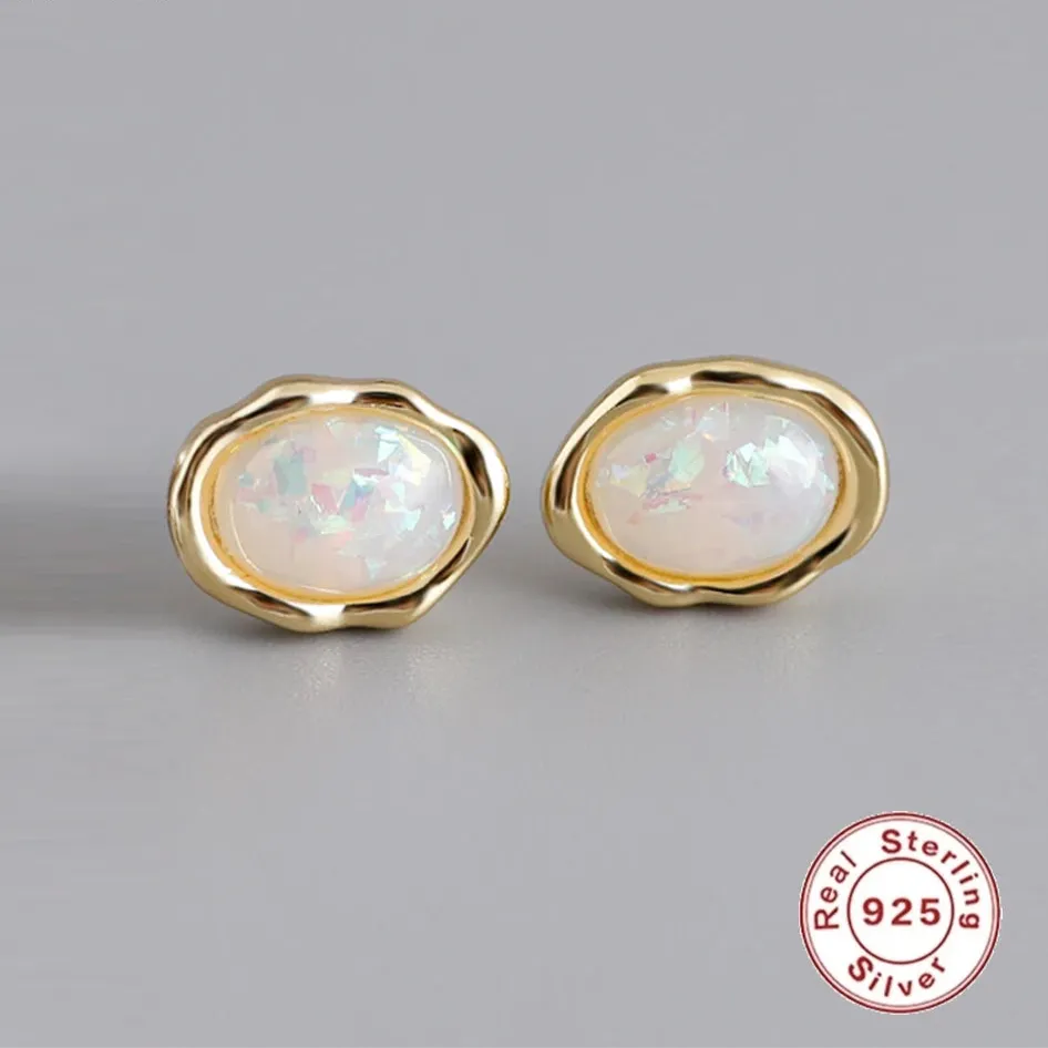 925 Sterling Silver Stud Earrings Charm Jewelry - Oval Colorful Opal - MD329