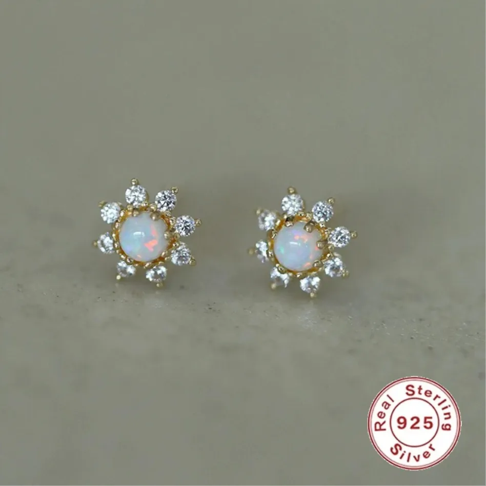 925 Sterling Silver Stud Earrings Charm Jewelry - Sunflower Mini Opal - Xm398
