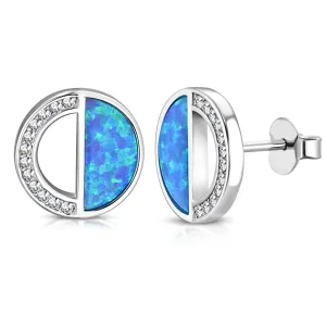 925 Sterling Silver White Clear CZ Blue Simulated Opal Triangle Stud Earrings, 0.40"