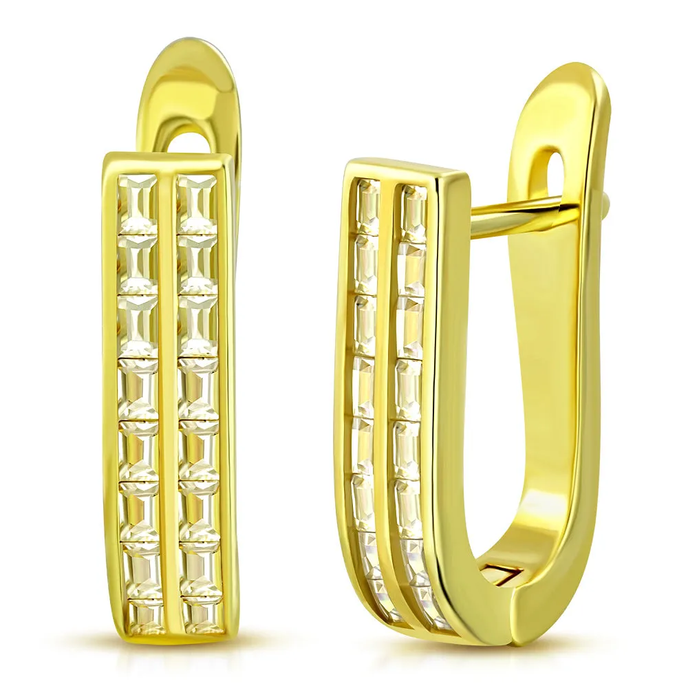 925 Sterling Silver Yellow Gold-Tone Baguette CZ Hoop Huggie Earrings