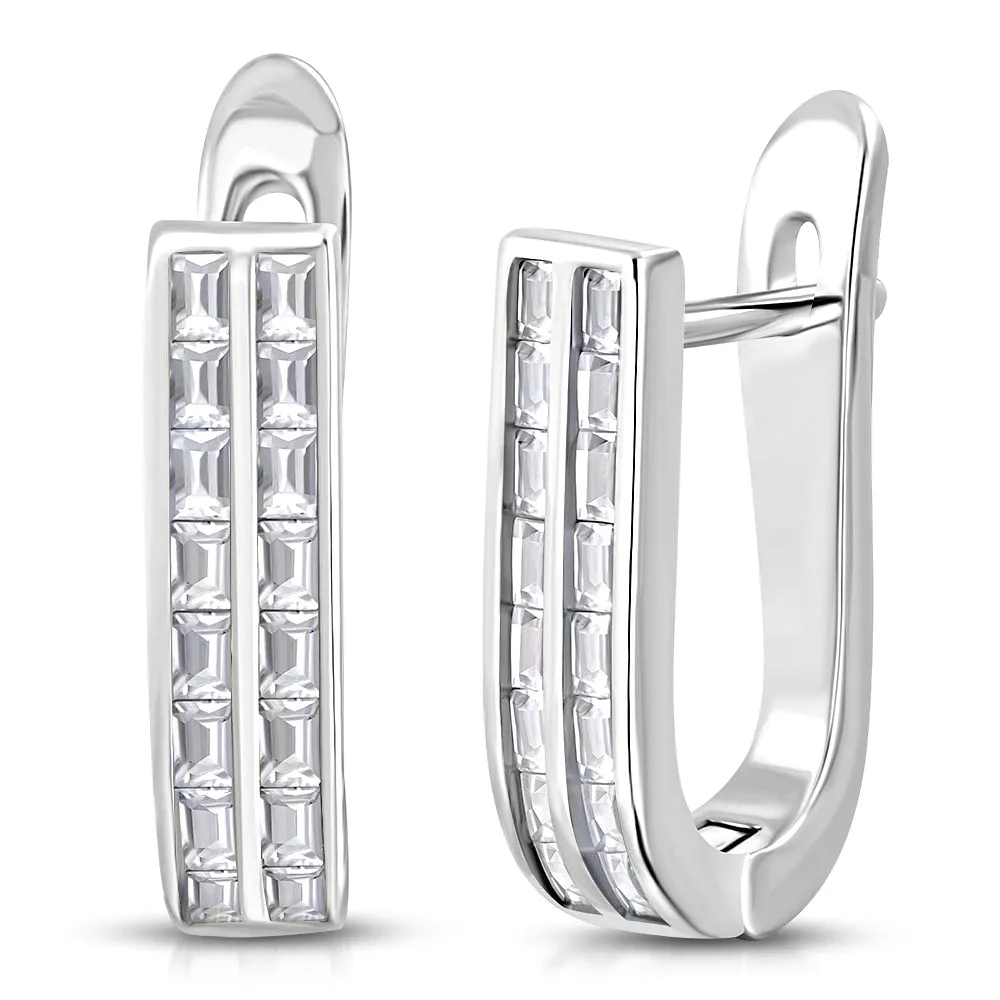 925 Sterling Silver Yellow Gold-Tone Baguette CZ Hoop Huggie Earrings