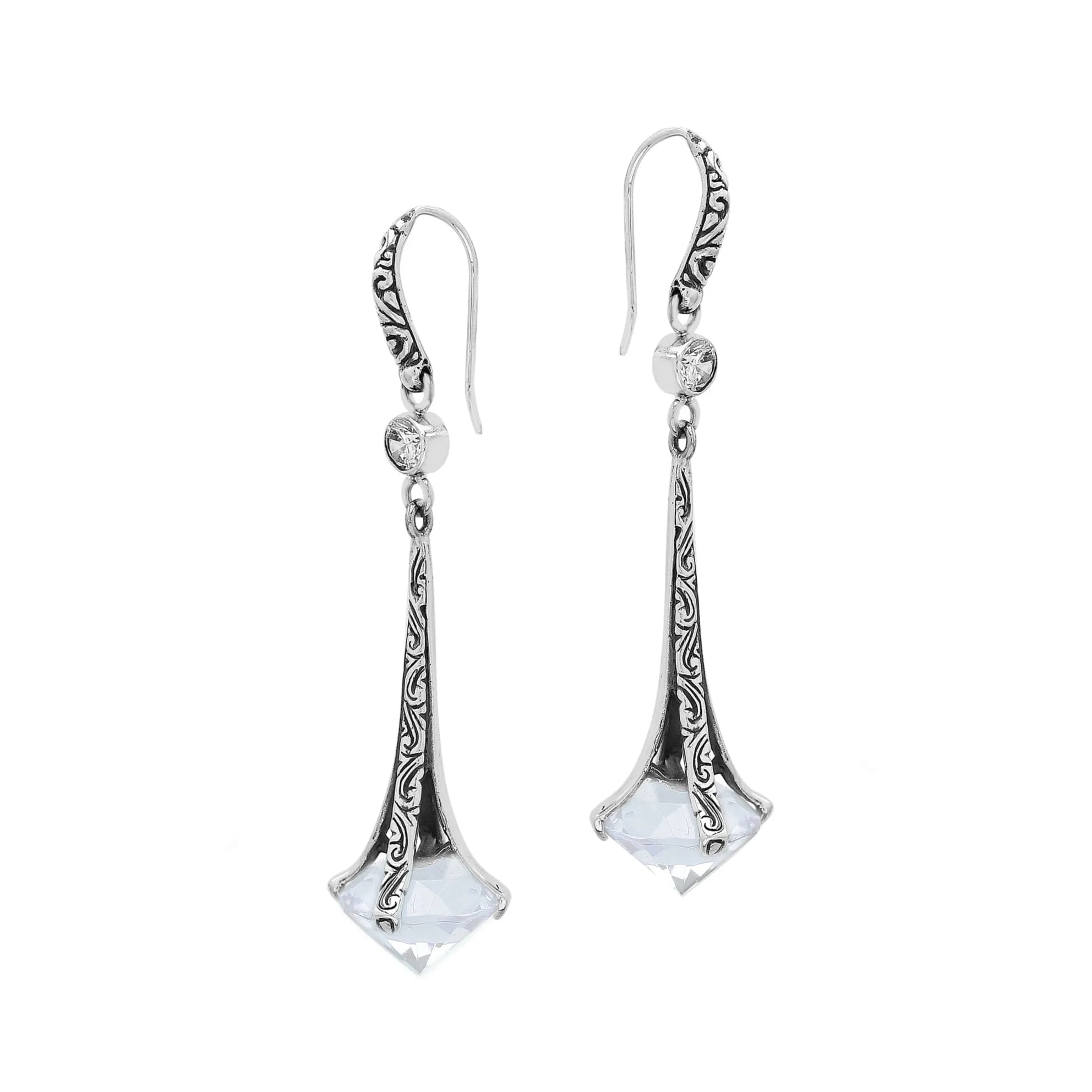 AE-1175-OP Sterling Silver Dangle Drop Earrings With Opal & Cubic Zirconia