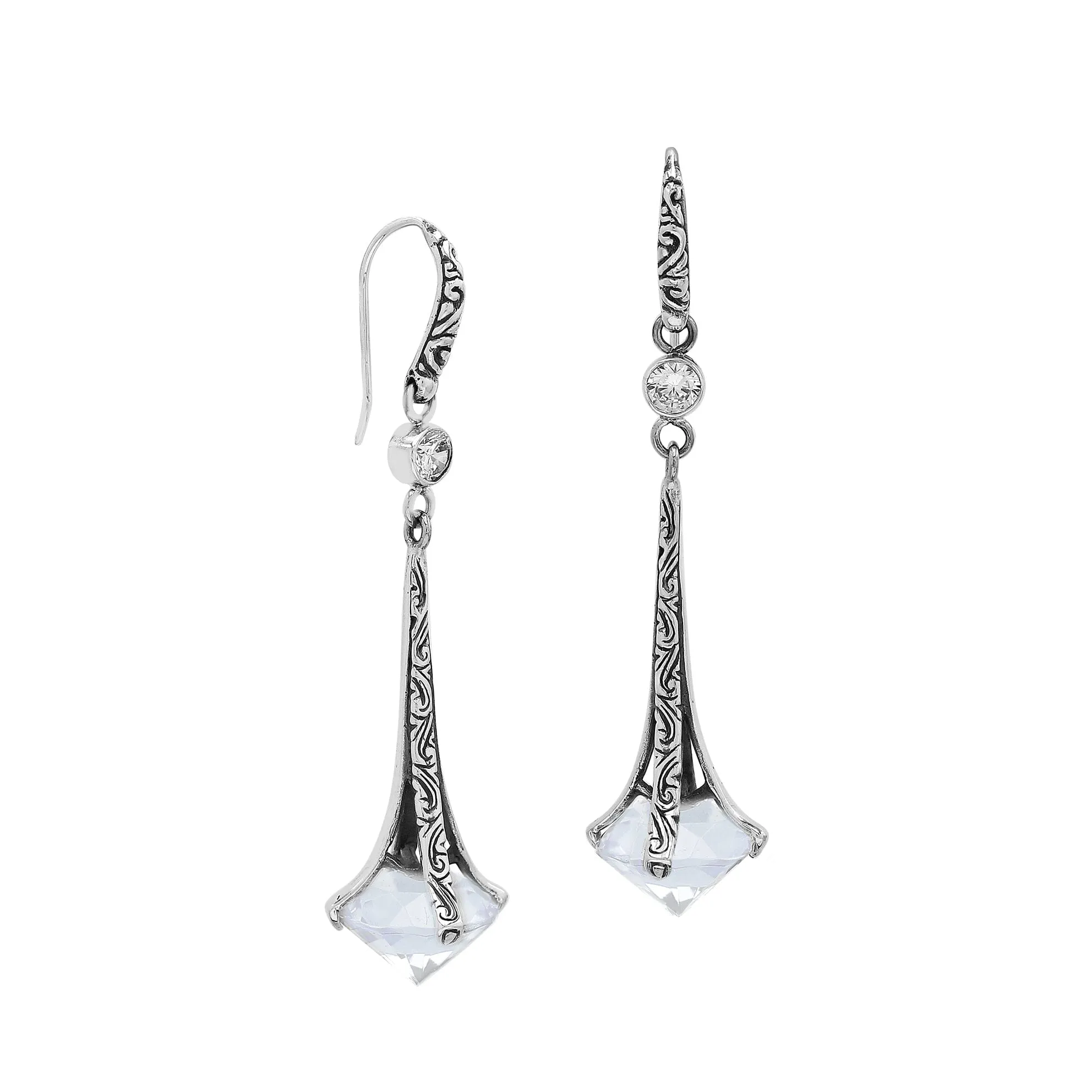 AE-1175-OP Sterling Silver Dangle Drop Earrings With Opal & Cubic Zirconia
