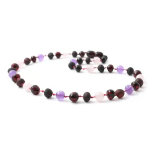 Amber Necklace Cherry, Rose Quartz & Amethyst | Baby 32cm