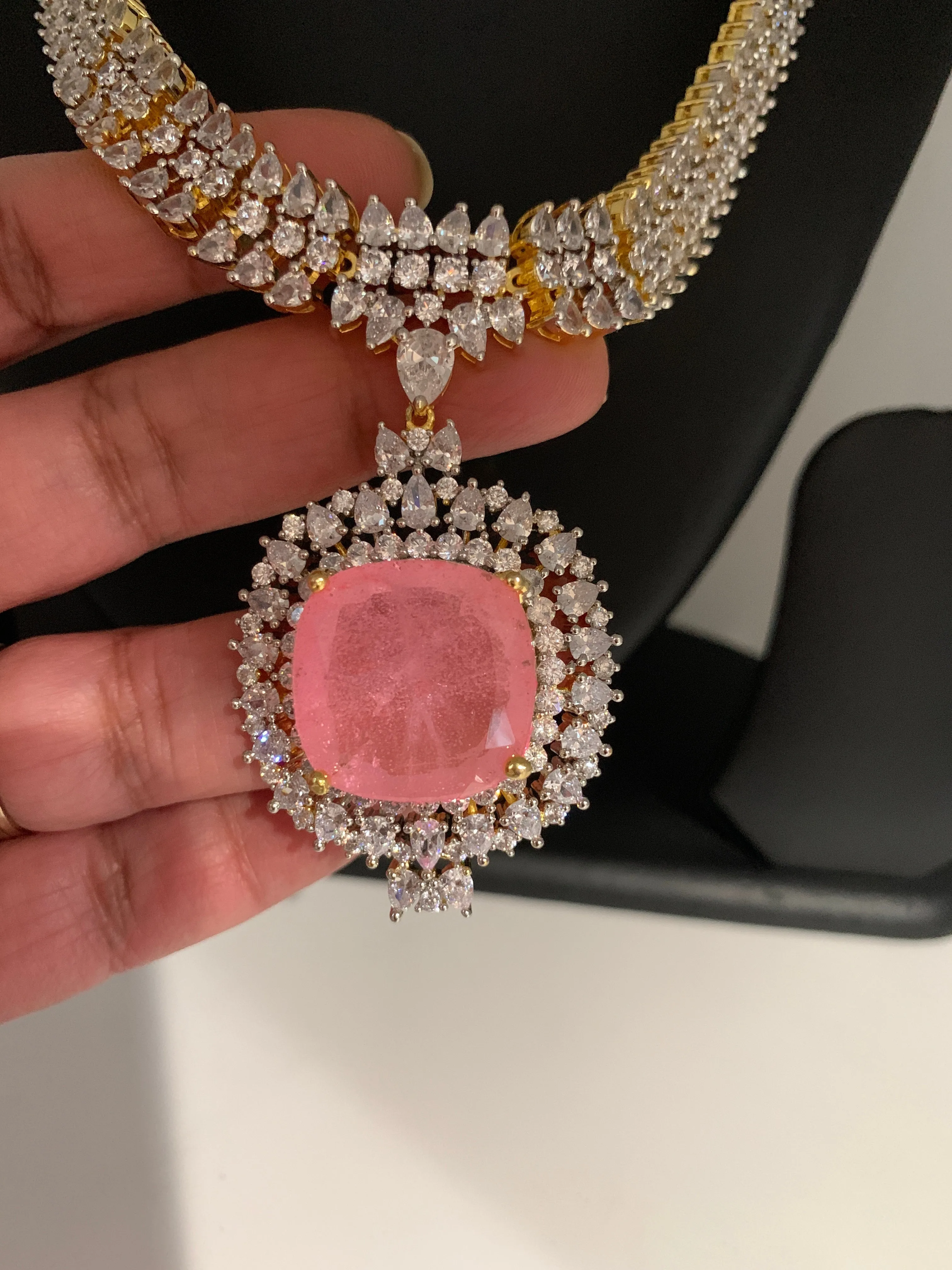 American Diamond Pink Doublet Stone Short Necklace
