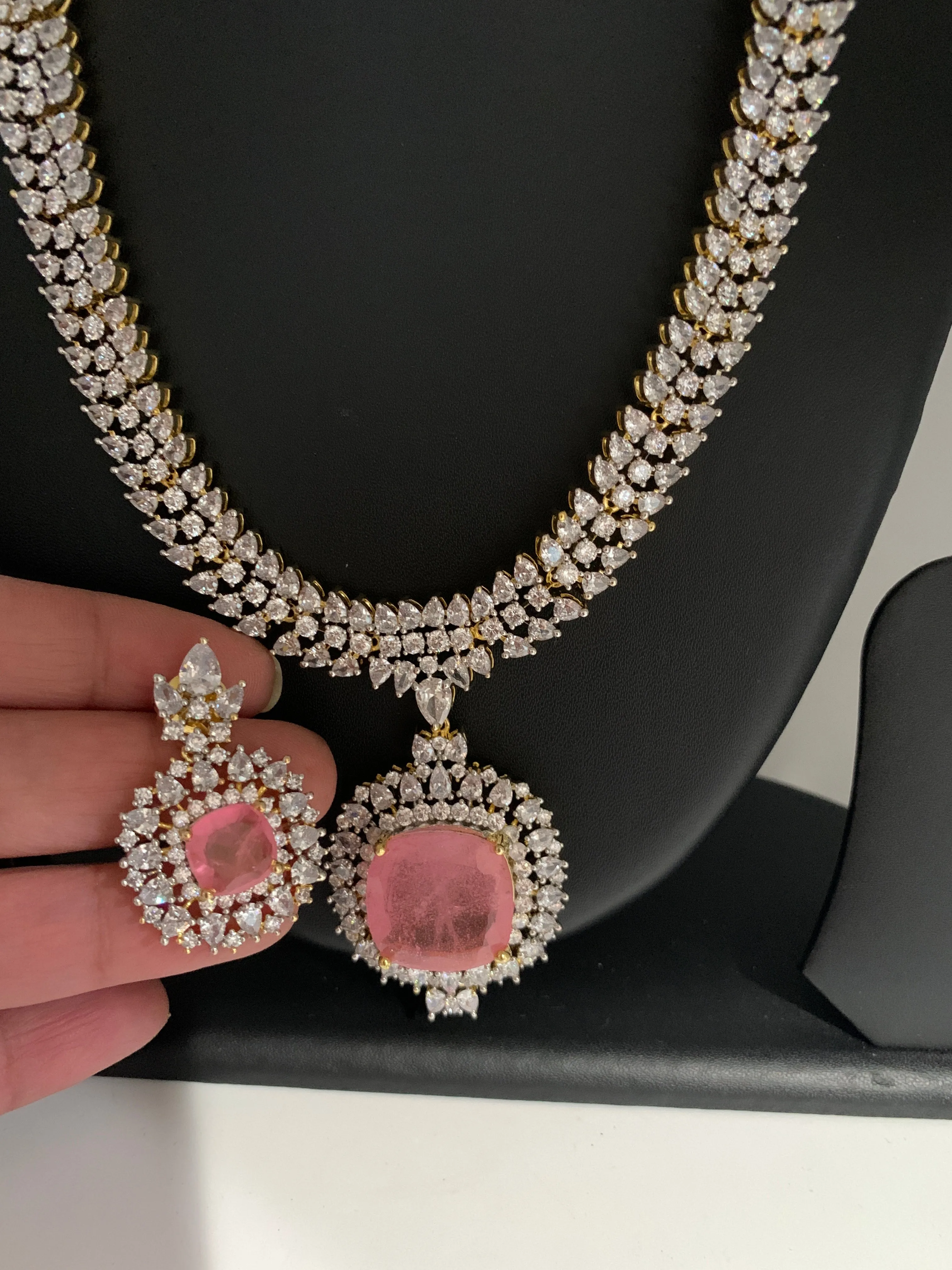 American Diamond Pink Doublet Stone Short Necklace