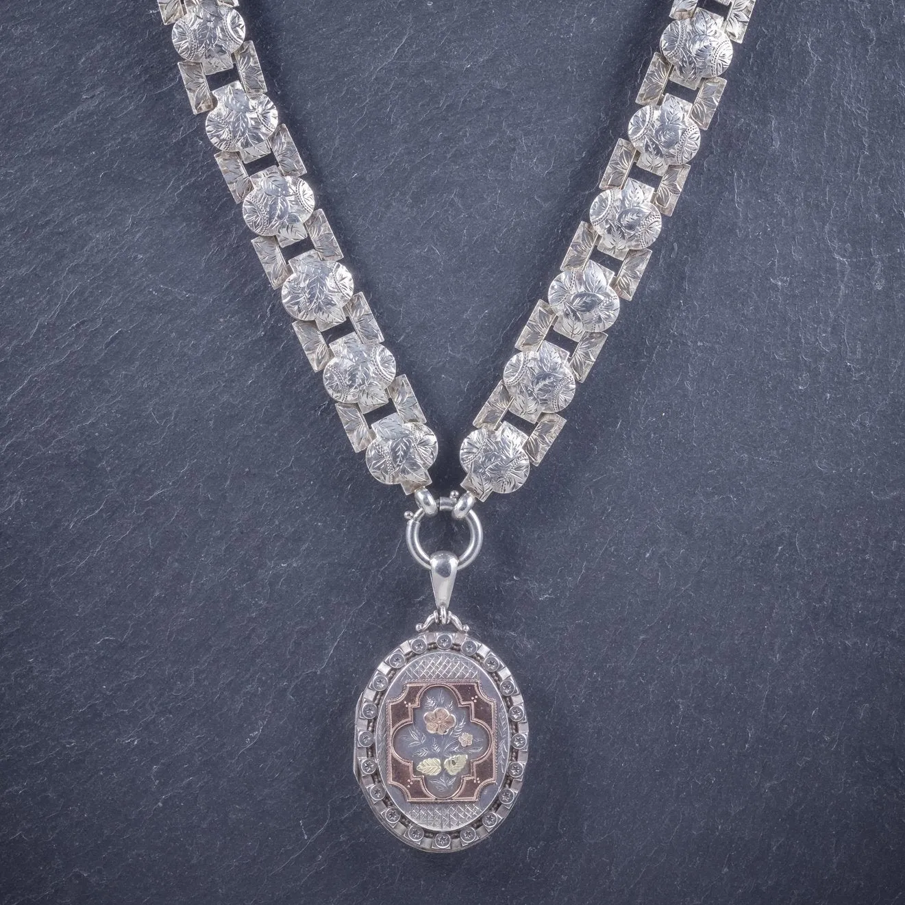 Antique Victorian Silver Locket Collar Forget Me Not Necklace Circa 1860